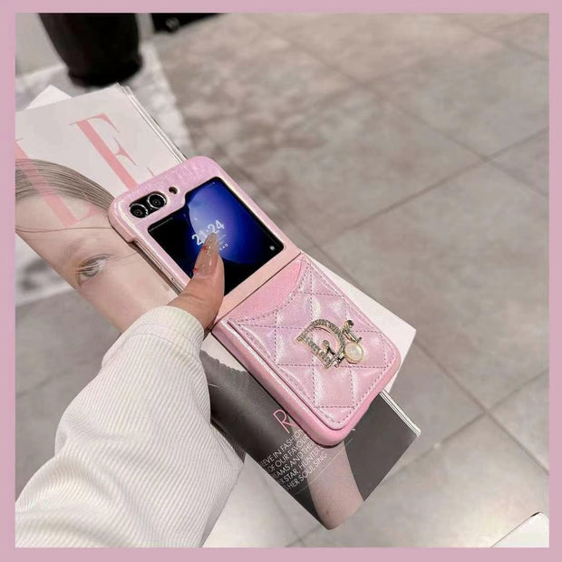 Looopix Dior-Inspired Quilted Samsung Z Flip Case with Card Holder – Available for Z Flip 3, 4, 5, and 6