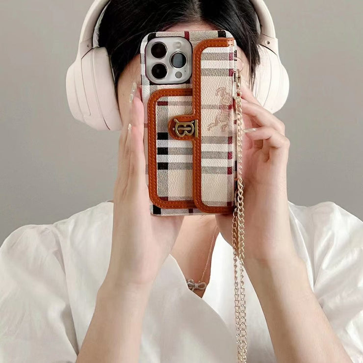 Looopix Faux Leather Back Pocket Case for iPhone 14 With Chain Straps