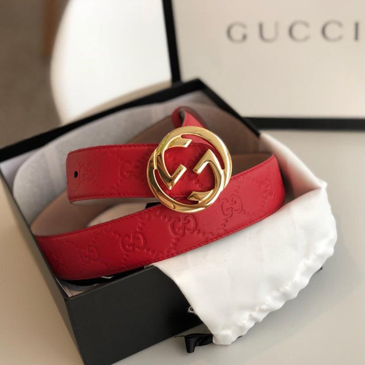 Looopix Gucci Red Leather Belt with Golden Gucci Buckle
