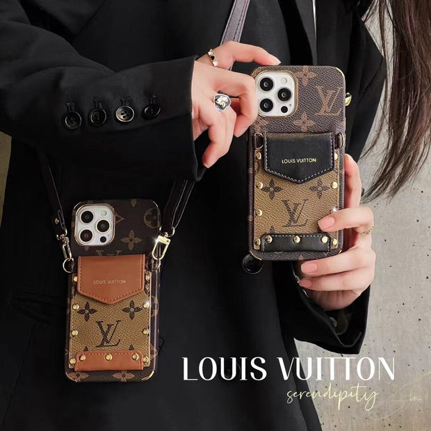 Looopix iPhone 12 - 15 Pro Max Leather Case With Louis Vuitton Phone Case Crossbody Lanyard Card