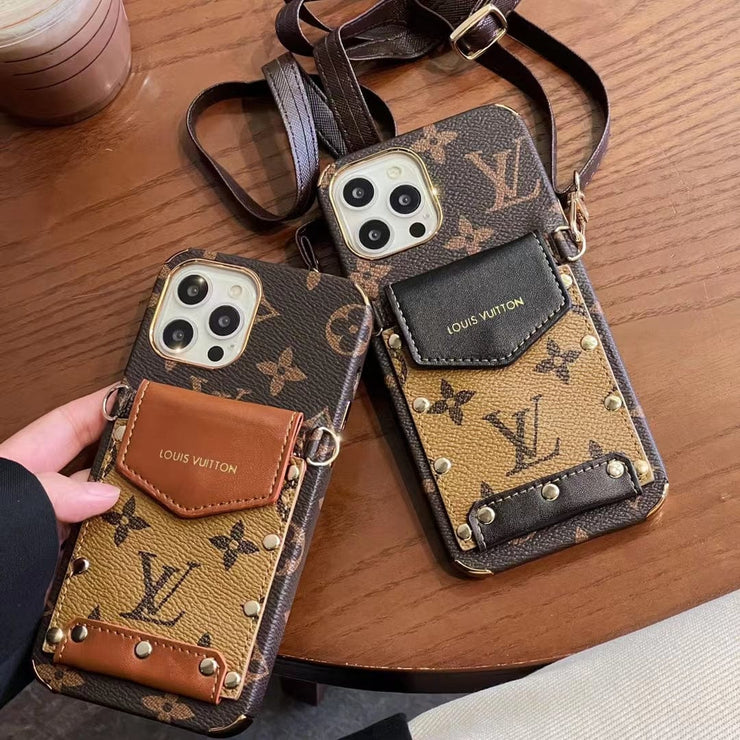 Looopix iPhone 12 - 15 Pro Max Leather Case With Louis Vuitton Phone Case Crossbody Lanyard Card