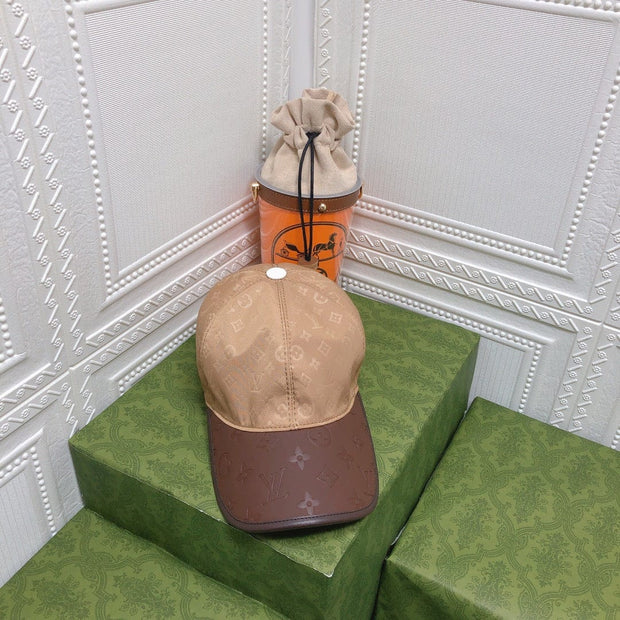 Looopix Louis Vuitton Monogram Beige Cap with Brown Leather Brim