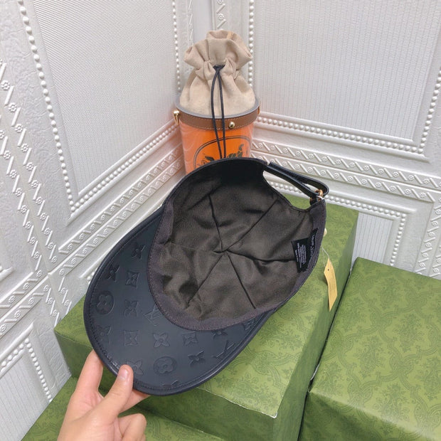 Looopix Louis Vuitton Monogram Black Cap with Embossed Leather Brim