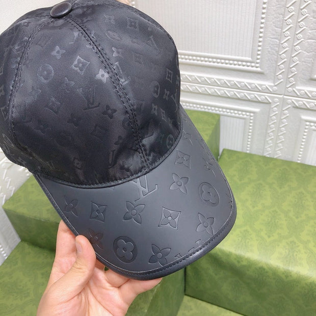 Looopix Louis Vuitton Monogram Black Cap with Embossed Leather Brim