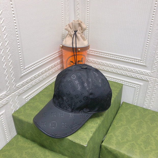 Looopix Louis Vuitton Monogram Black Cap with Embossed Leather Brim