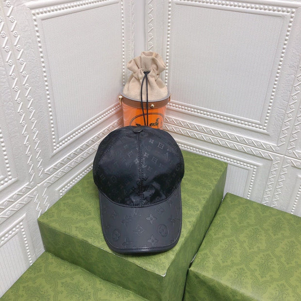 Looopix Louis Vuitton Monogram Black Cap with Embossed Leather Brim