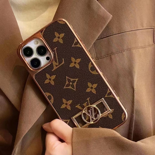 Looopix Louis Vuitton Monogram iPhone 15 Case with Golden Louis Vuitton Inlay