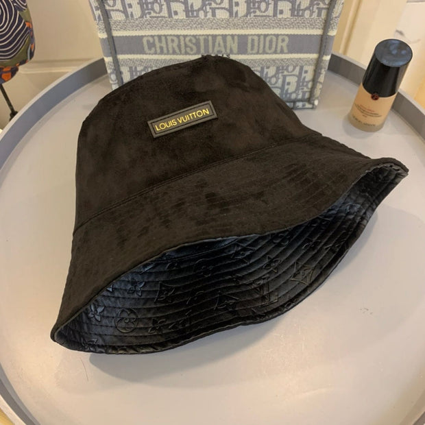Looopix Louis Vuitton Reversible Black Suede and Embossed Leather Bucket Hat
