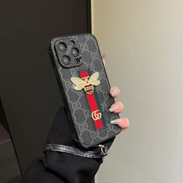 Looopix Luxury Bee Emblem Designer Phone Case for iPhone 11 to 16 with Wrist Strap