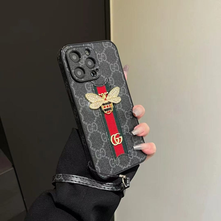 Looopix Luxury Bee Emblem Designer Phone Case for iPhone 11 to 16 with Wrist Strap