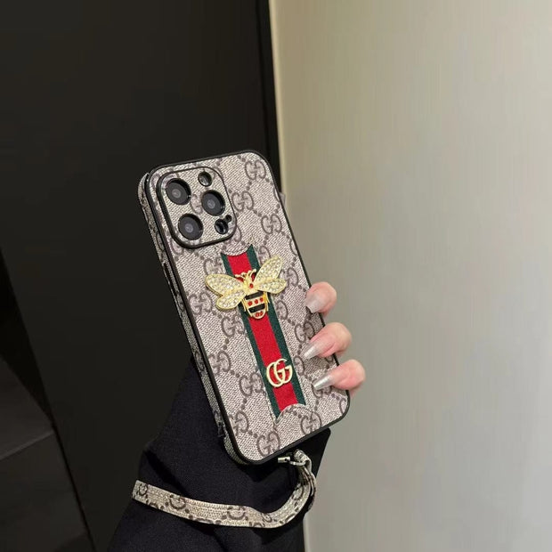 Looopix Luxury Bee Emblem Designer Phone Case for iPhone 11 to 16 with Wrist Strap