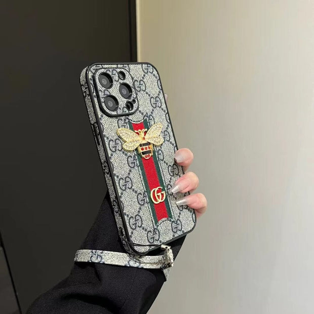 Looopix Luxury Bee Emblem Designer Phone Case for iPhone 11 to 16 with Wrist Strap