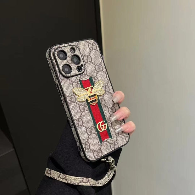 Looopix Luxury Bee Emblem Designer Phone Case for iPhone 11 to 16 with Wrist Strap