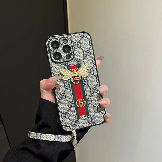 Looopix Luxury Bee Emblem Designer Phone Case for iPhone 11 to 16 with Wrist Strap