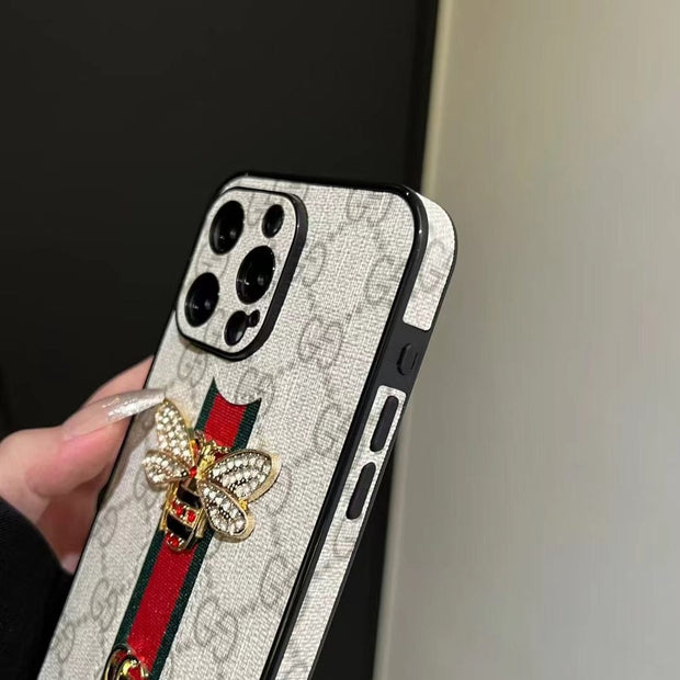 Looopix Luxury Bee Emblem Designer Phone Case for iPhone 11 to 16 with Wrist Strap