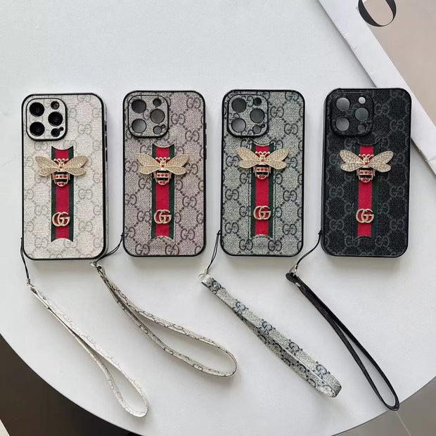 Looopix Luxury Bee Emblem Designer Phone Case for iPhone 11 to 16 with Wrist Strap