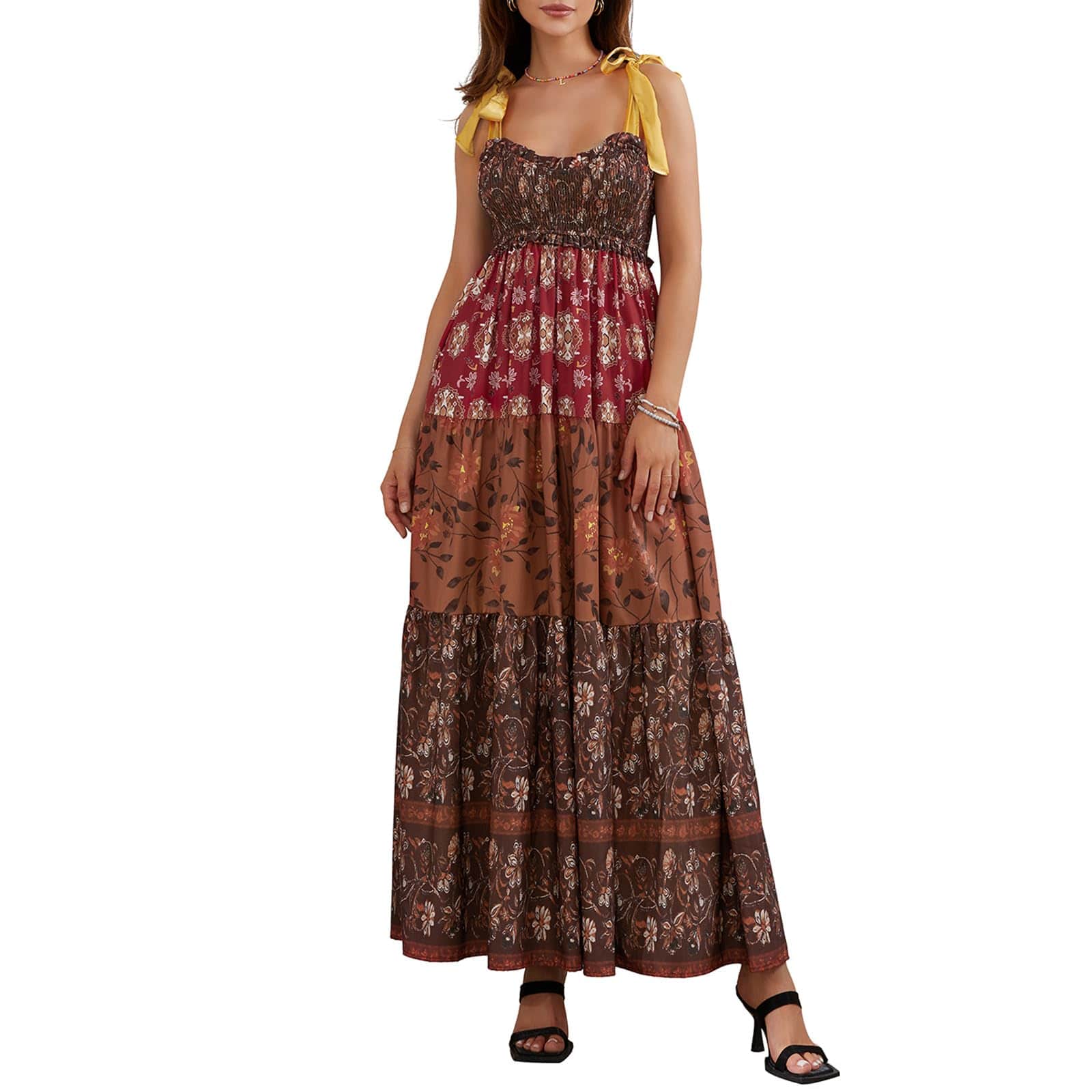 Looopix Women Summer Casual Maxi Dress Boho Dress Sleevelss Tie up Flowy Dress Cutout Long Dress Vacation Beach Dress (Brown #Vf4 S)