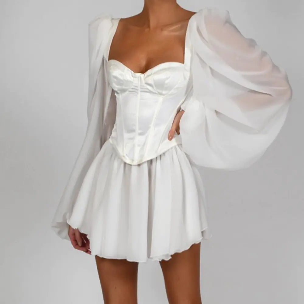 White Chiffon Bodycon Dress – Lantern Sleeves, Elegant Fit