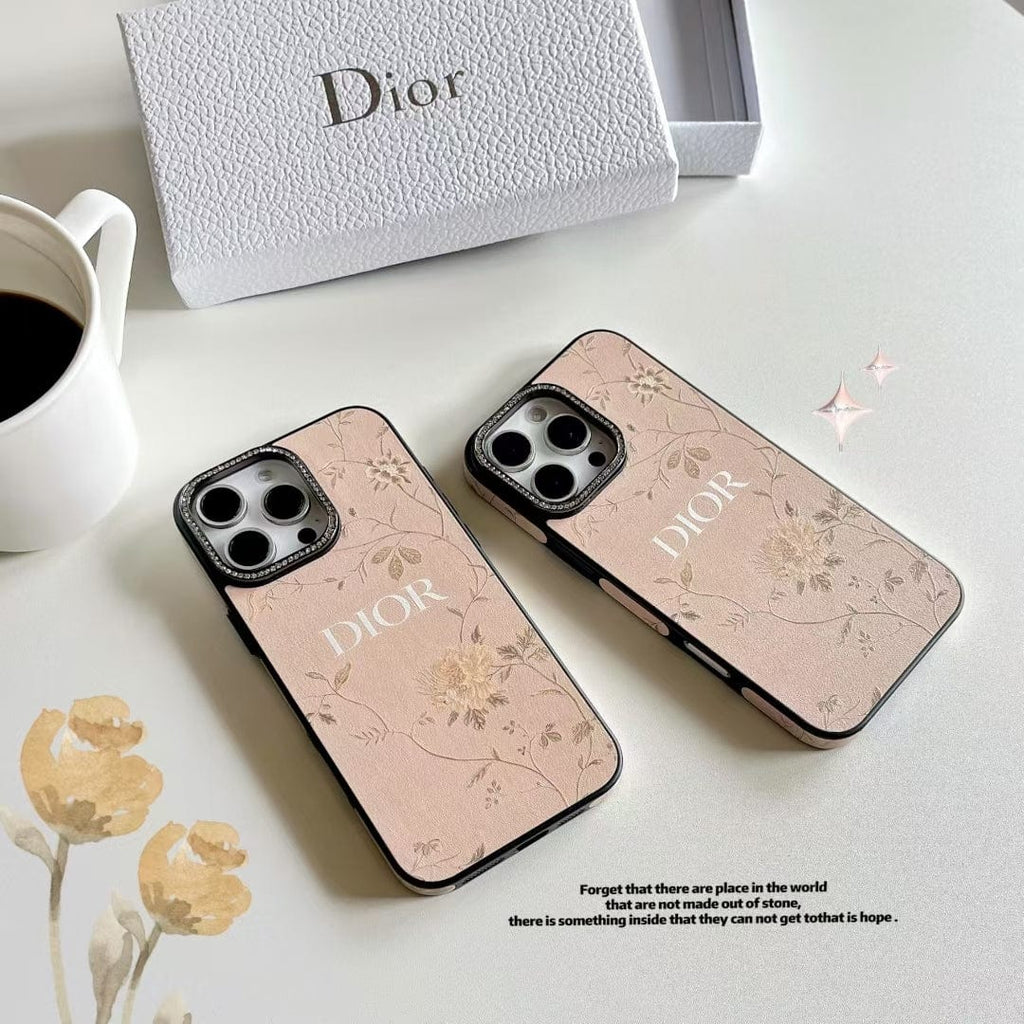 Tunde Store Dior Floral Embossed Leather iPhone Case with Rhinestone Camera Frame