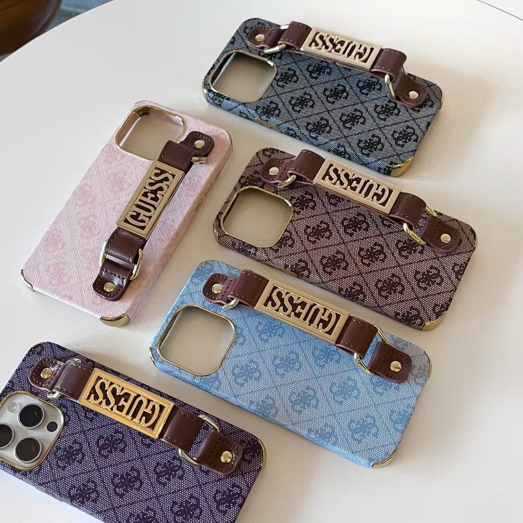 Tunde Store GUESS Monogram Canvas Strap iPhone Case with Gold Logo Plate