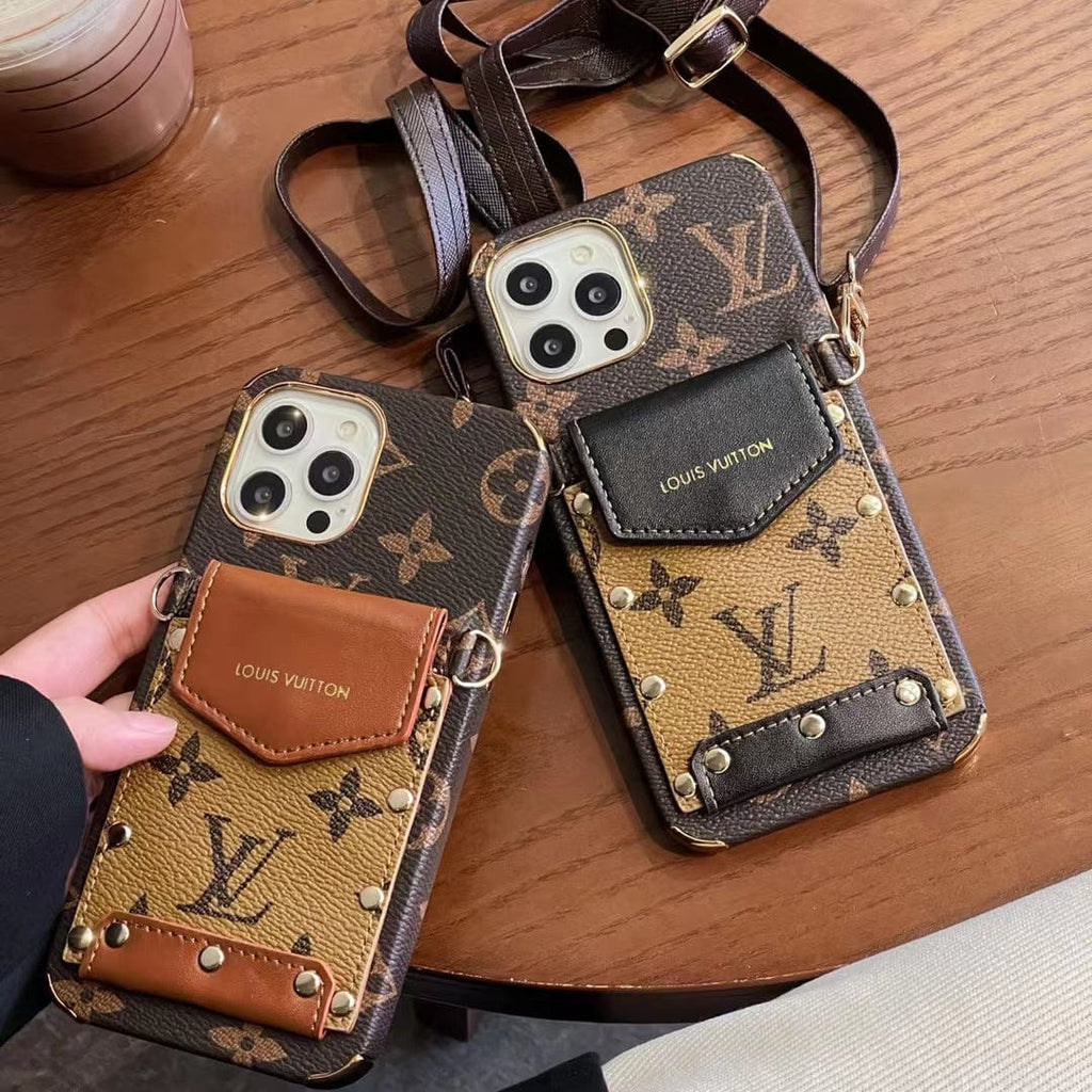 Tunde Store iPhone 12 - 15 Pro Max Leather Case With Louis Vuitton Phone Case Crossbody Lanyard Card