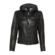 Women's Black Café Racer Jacket with Removable Hood