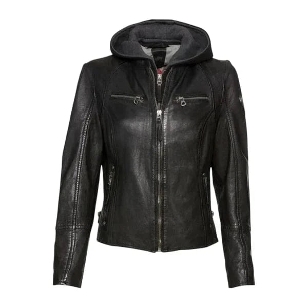 Women's Black Café Racer Jacket with Removable Hood